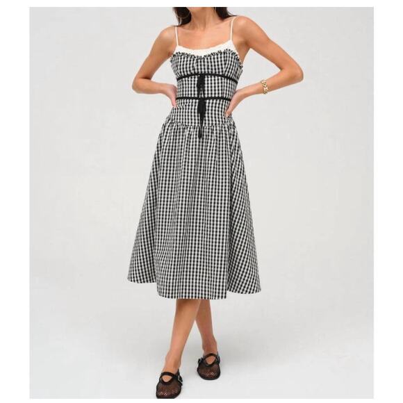 FOR LOVE & LEMONS Georgia Gingham Midi Dress in Black M - Picture 2 of 8